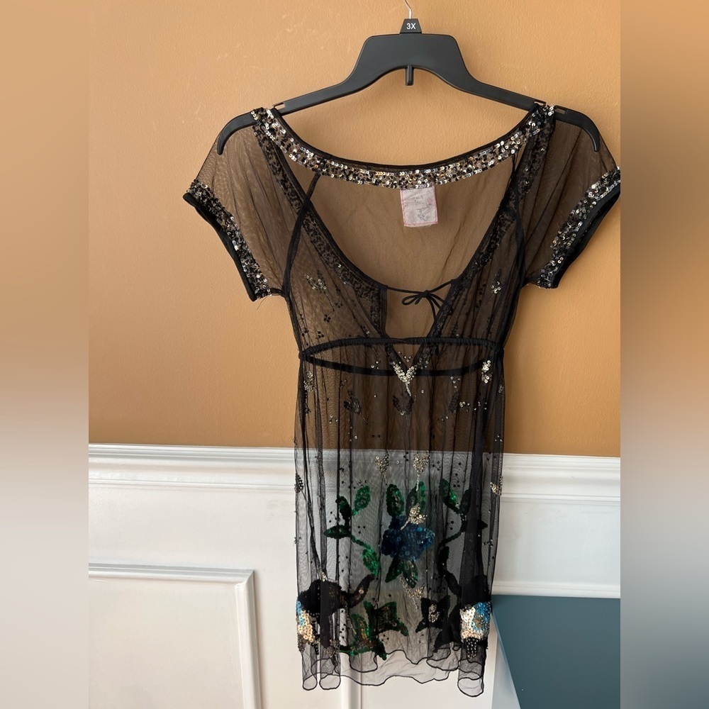 Free People Rare Vintage Black Sheer Dress w/ Sequin Elephants Slip Mesh Size 0 - Picture 5 of 5